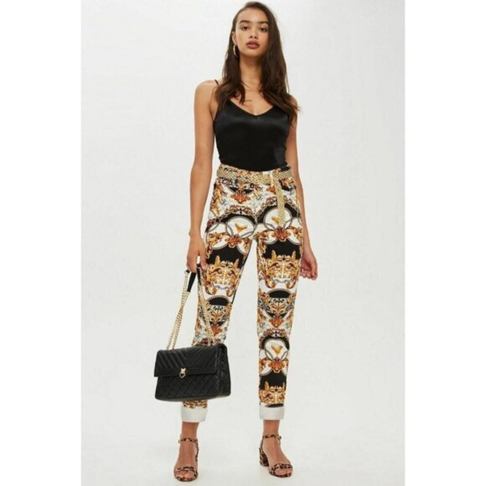 TOPSHOP Mom Jeans High Rise Gold Leaf Chain Print Ankle Length SZ 28 NEW